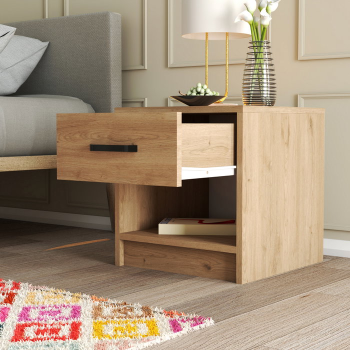 Hanah Home 3622 Mesilla de Noche Roble Tablero Partículas Melaminado 52x46.8x45cm 1 Cajón Estantes